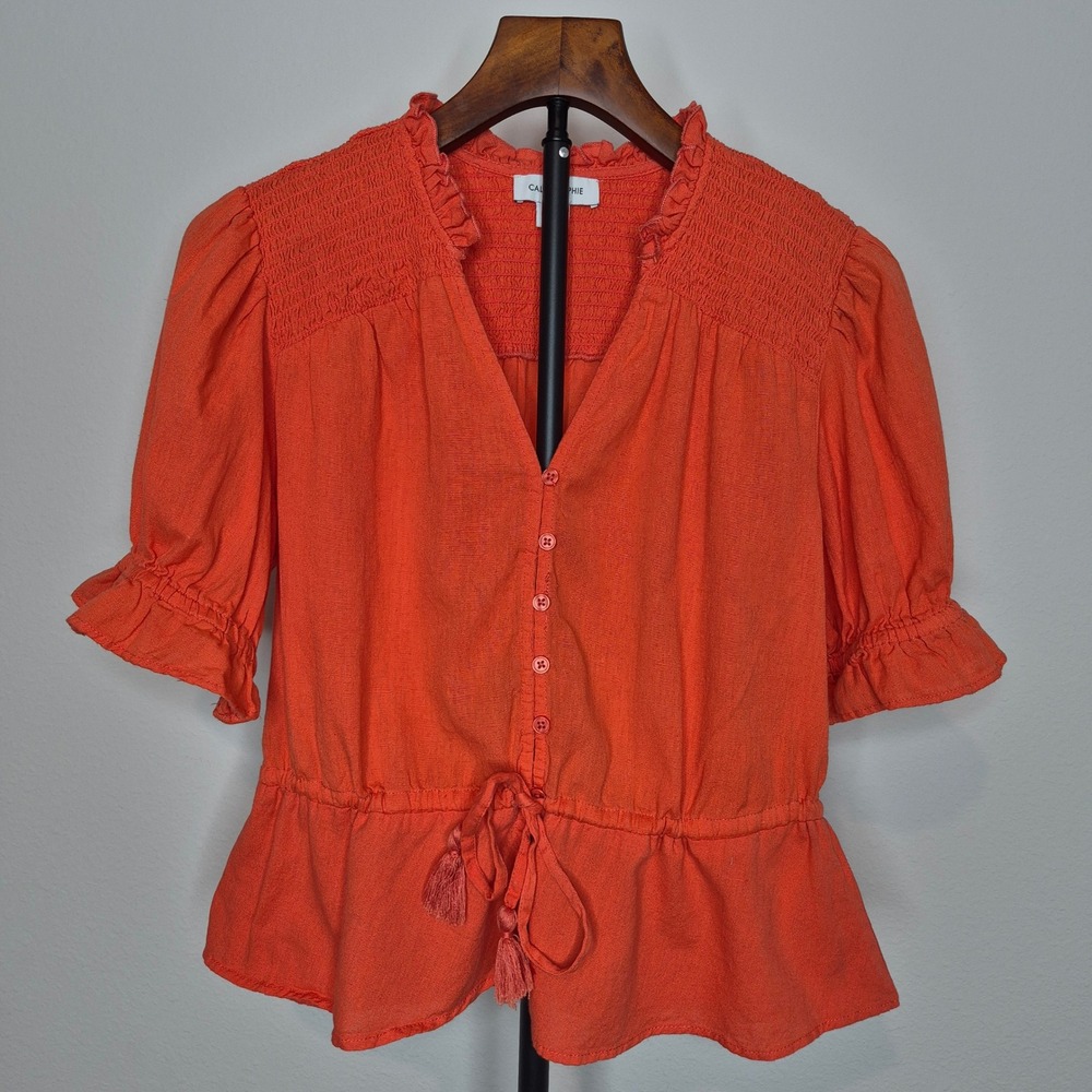 Calligraphie Orange Cotton Linen Smocked Peplum Blouse Tassel Euro Girl Summer M